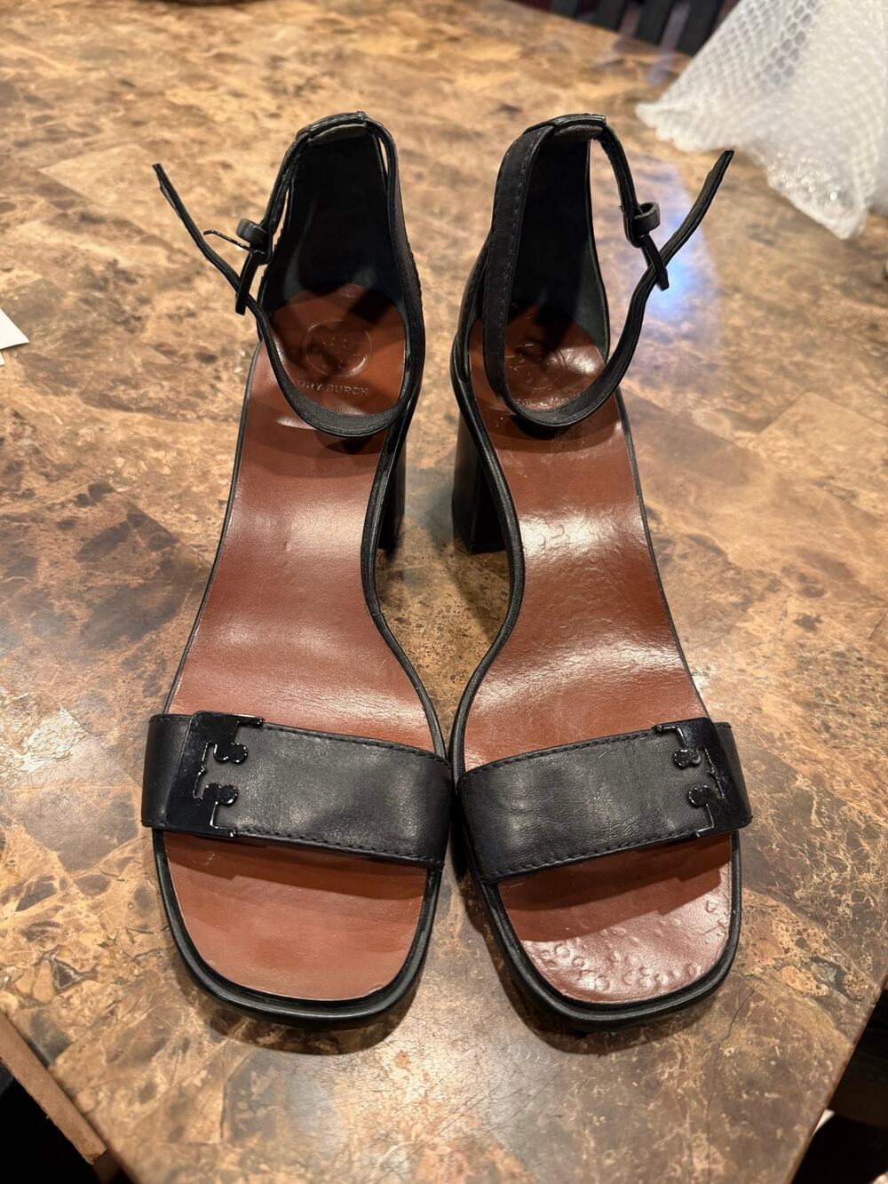 TORY BURCH GABRIELLE LEATHER BLOCK HEEL STRAPPY SLINGBACK SANDALS